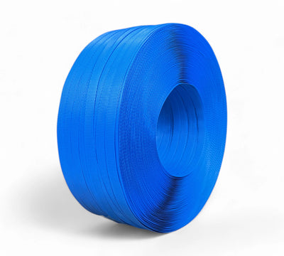 12mm x 1000m blue hand poly strapping shown for securing light to medium pallet loads in warehouse operations