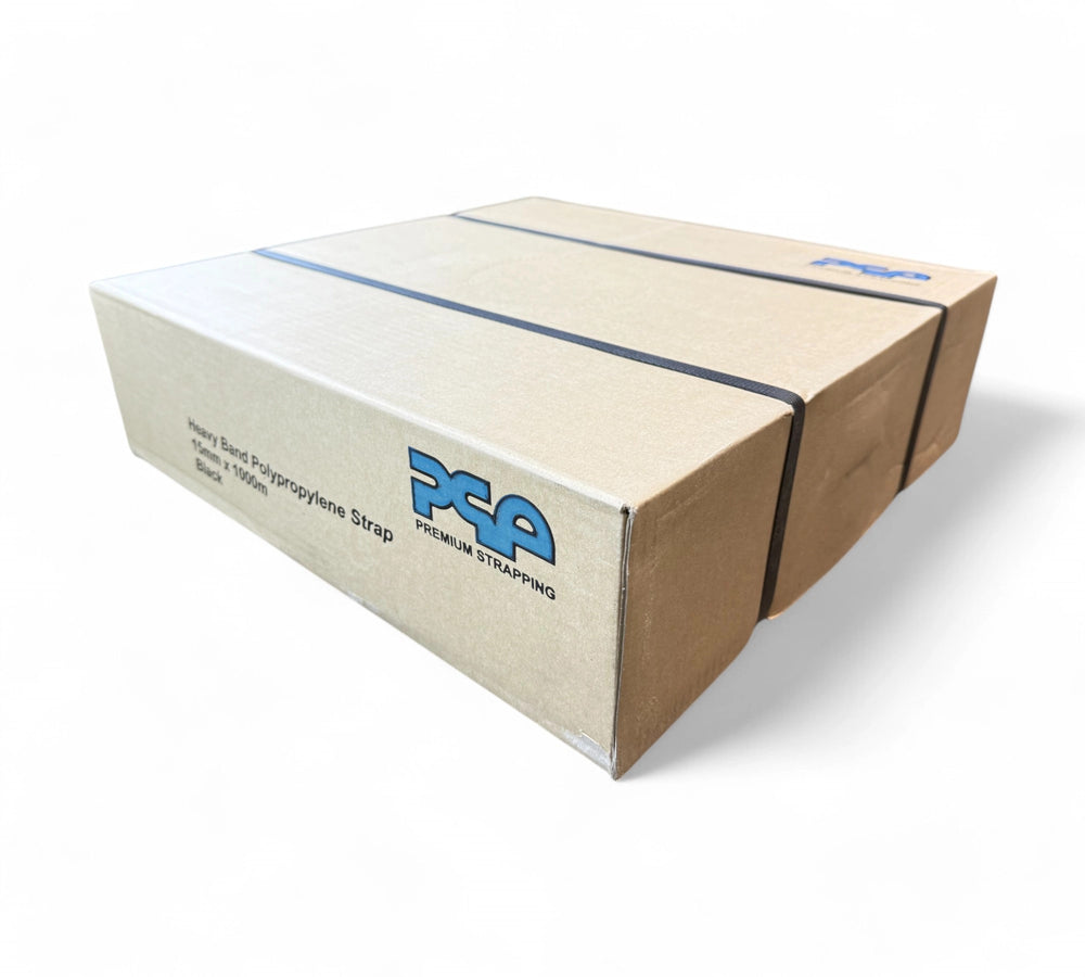 15mm x 1000m black heavy band poly strapping in box shown for convenient storage and smooth feed