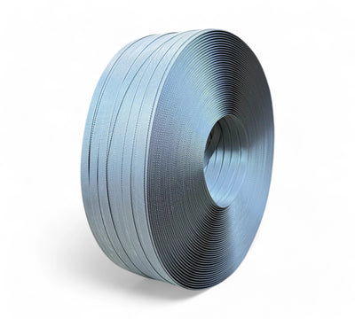 15mm x 1000m black heavy band poly strapping in box displayed for tangle-free dispensing during strapping