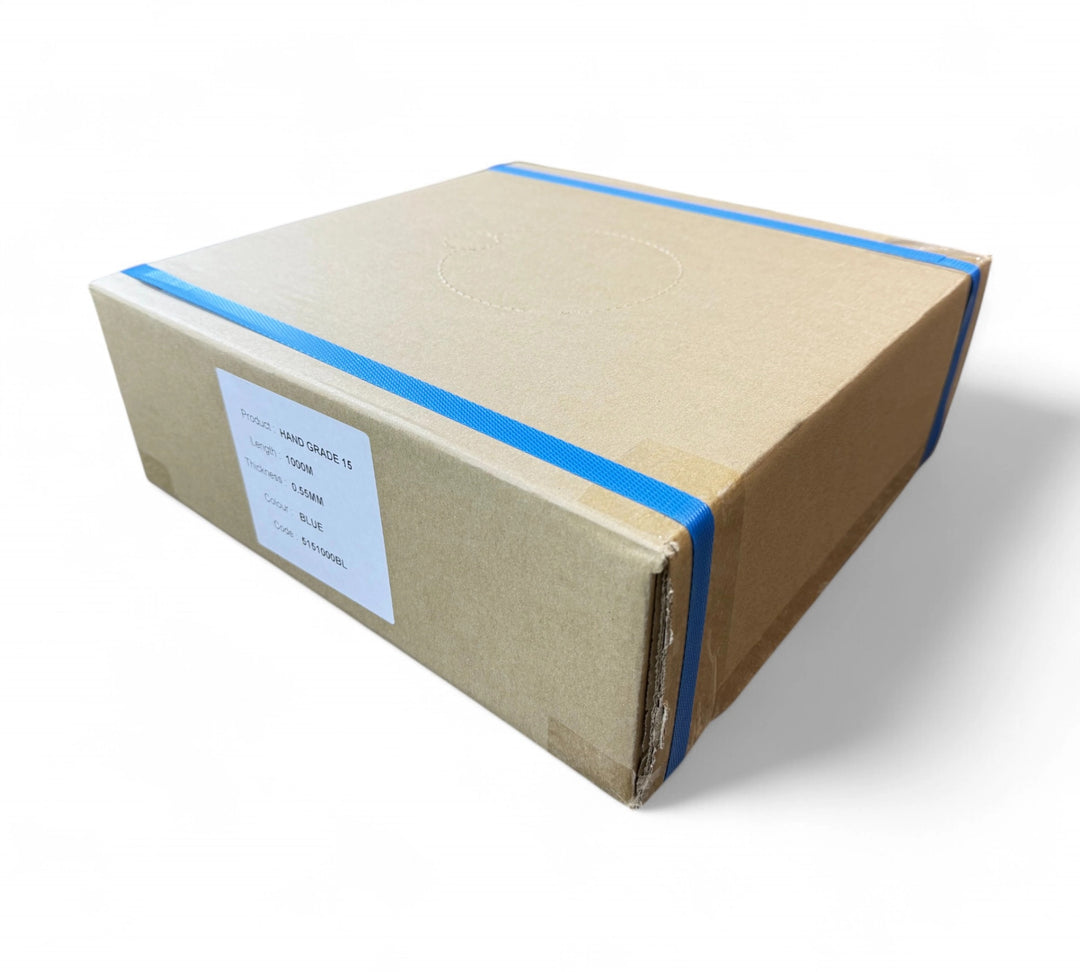 15mm x 1000m blue hand poly strapping shown rolled for general warehouse load securing