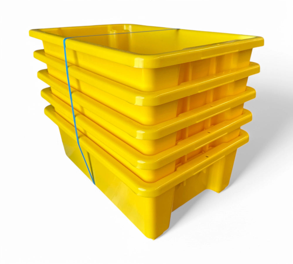 32L yellow food grade tub 650 x 410 x 210mm shown empty with durable handles for kitchen and processing environments