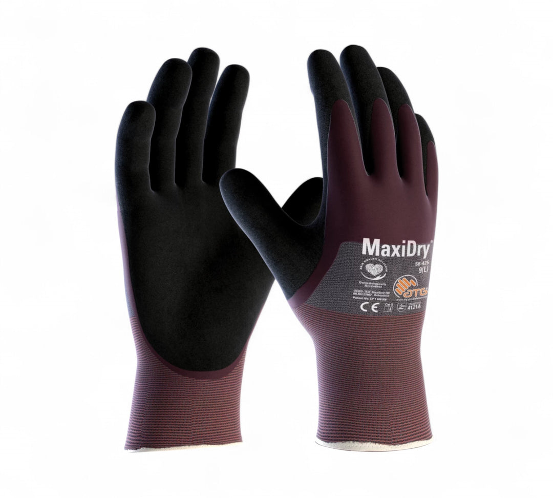 MaxiDry gloves 56-425 shown as a pair with smooth liquid-resistant palms and snug-fitting cuff design