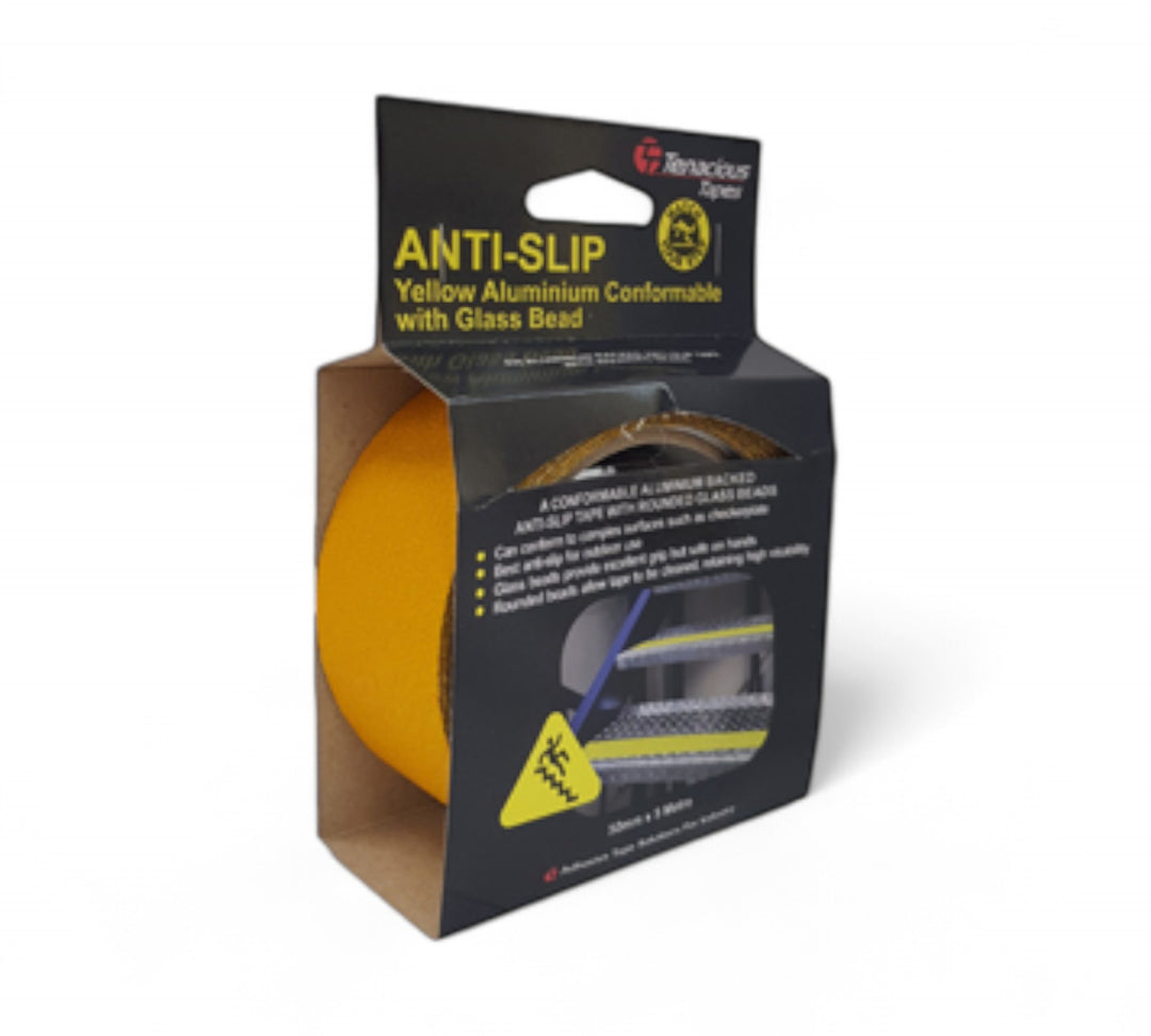 RE3950YE yellow anti slip tape with glass bead surface and conformable aluminium backing for ramps, stairs, and high visibility safety