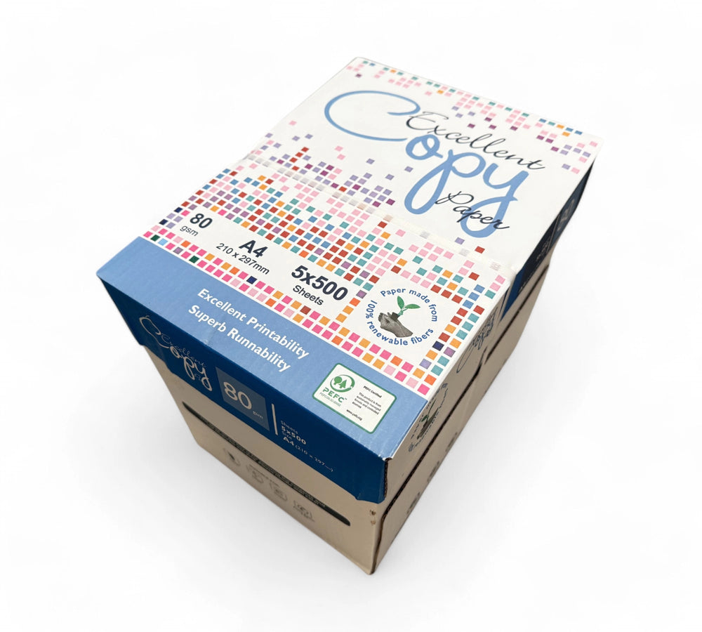A4 white 80gsm copy paper in 210 x 297mm size displayed in reams for laser and inkjet printing