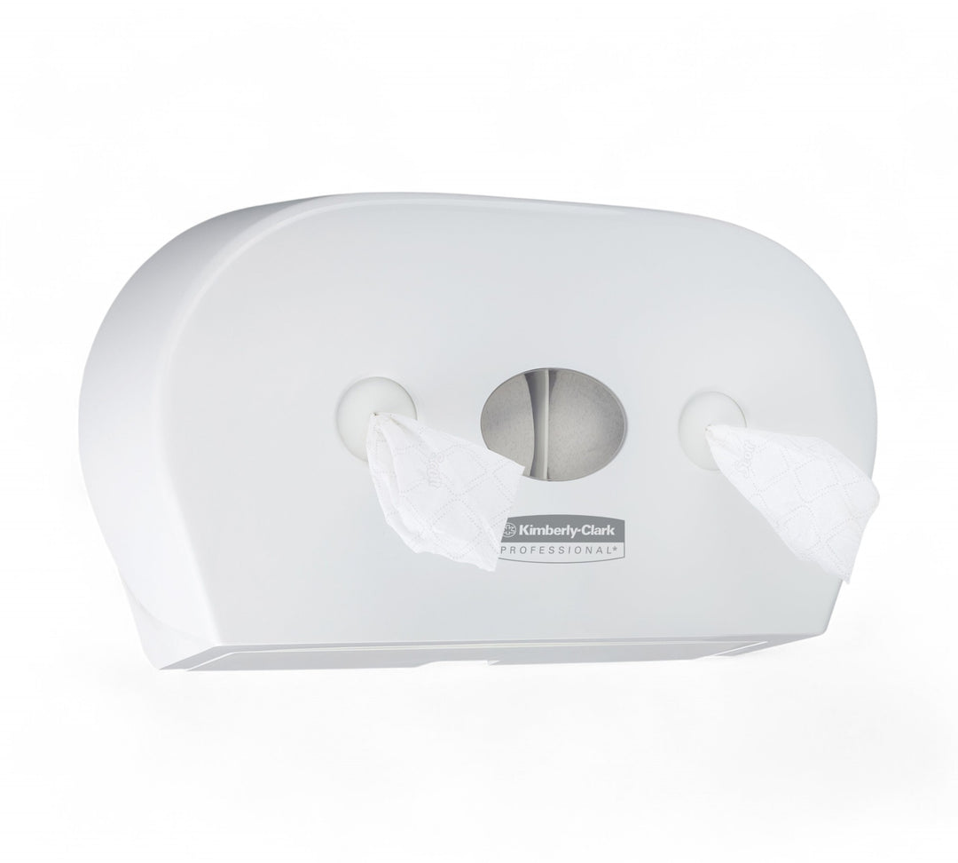 AQUARIUS twin roll centrepull toilet paper dispenser in wall-mounted housing designed for continuous roll usage