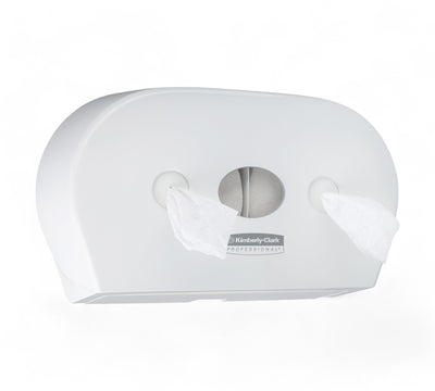 AQUARIUS twin roll centrepull toilet paper dispenser in wall-mounted housing designed for continuous roll usage