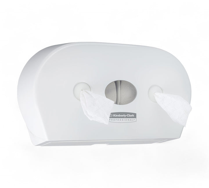 AQUARIUS twin roll centrepull toilet paper dispenser in wall-mounted housing designed for continuous roll usage