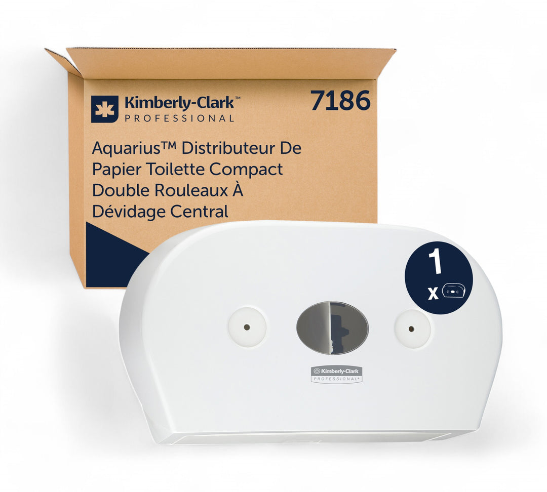 Front view of AQUARIUS Twin Roll Centrepull Toilet Paper Dispenser placed in front of its branded Kimberly-Clark Professional packaging box showing model 7186
