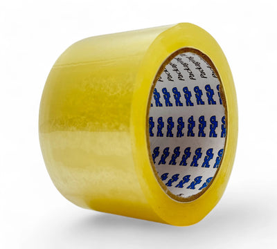 Clear 60mm x 66m 38um low noise packaging tape displayed in wider rolls for quiet and efficient box sealing