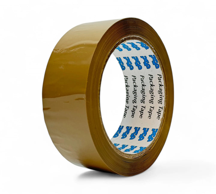 Brown 36mm x 75m packaging tape rolls displayed for moderate carton sealing in warehouse use