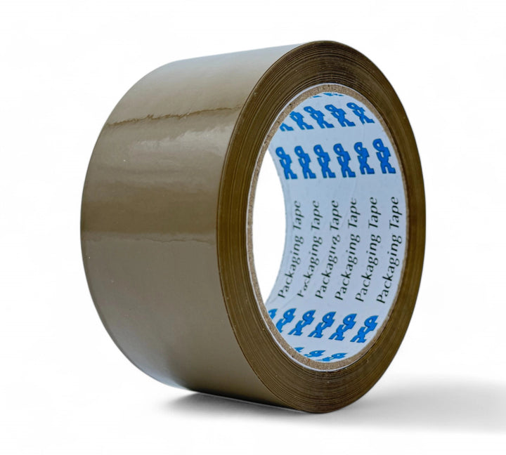 Brown 48mm x 75m packaging tape displayed in rolls for general purpose carton sealing and warehouse packing