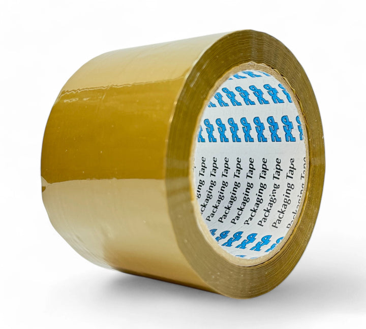 Brown 72mm x 75m packaging tape displayed for large box sealing and extra coverage in shipping areas