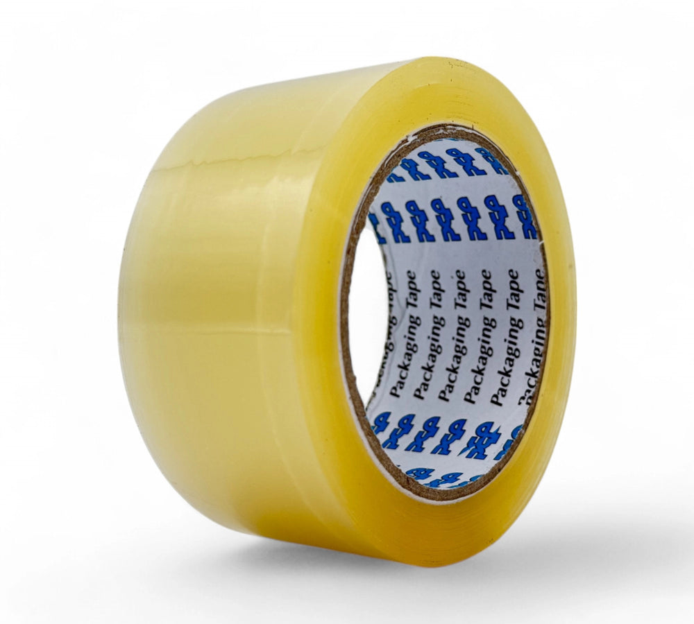 Clear 48mm x 75m heavy-duty packaging tape displayed for secure sealing of heavy packages and cartons
