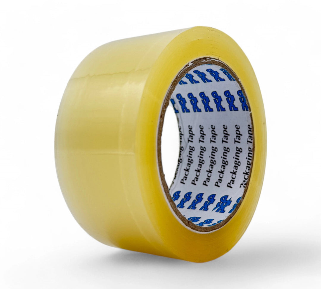 Clear 48mm x 75m heavy-duty packaging tape displayed for secure sealing of heavy packages and cartons
