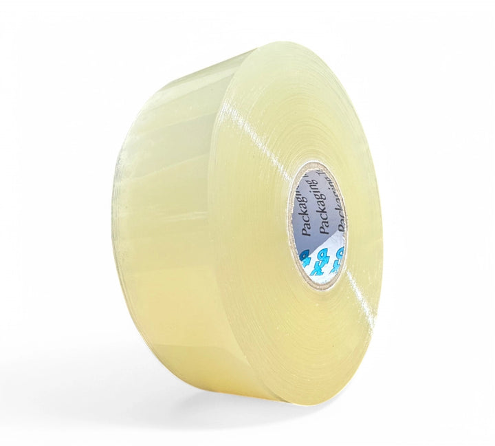 Clear 36mm x 150m tape displayed in long rolls for bundling, sealing, and pallet use with minimal changeovers