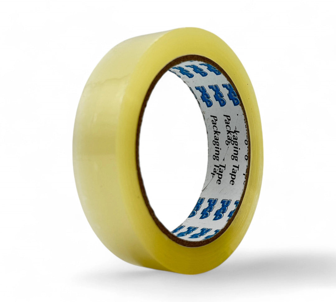 Clear 24mm x 75m heavy-duty packaging tape shown in rolls for small box reinforcement and sealing