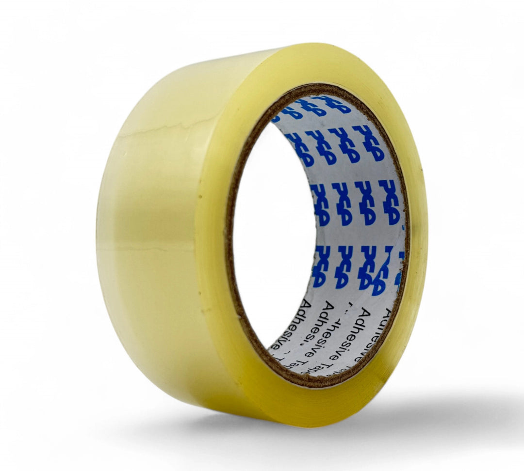 Clear 36mm x 75m packaging tape rolls shown for medium-sized package sealing and inventory shipping