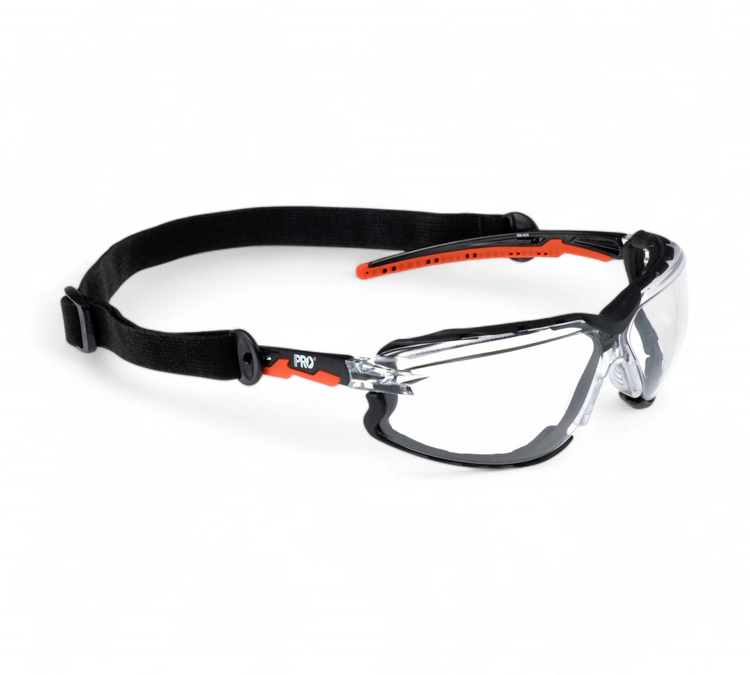 Ambush clear safety glasses foam bound shown from front or side with anti-fog lens and soft foam insert for comfort and protection
