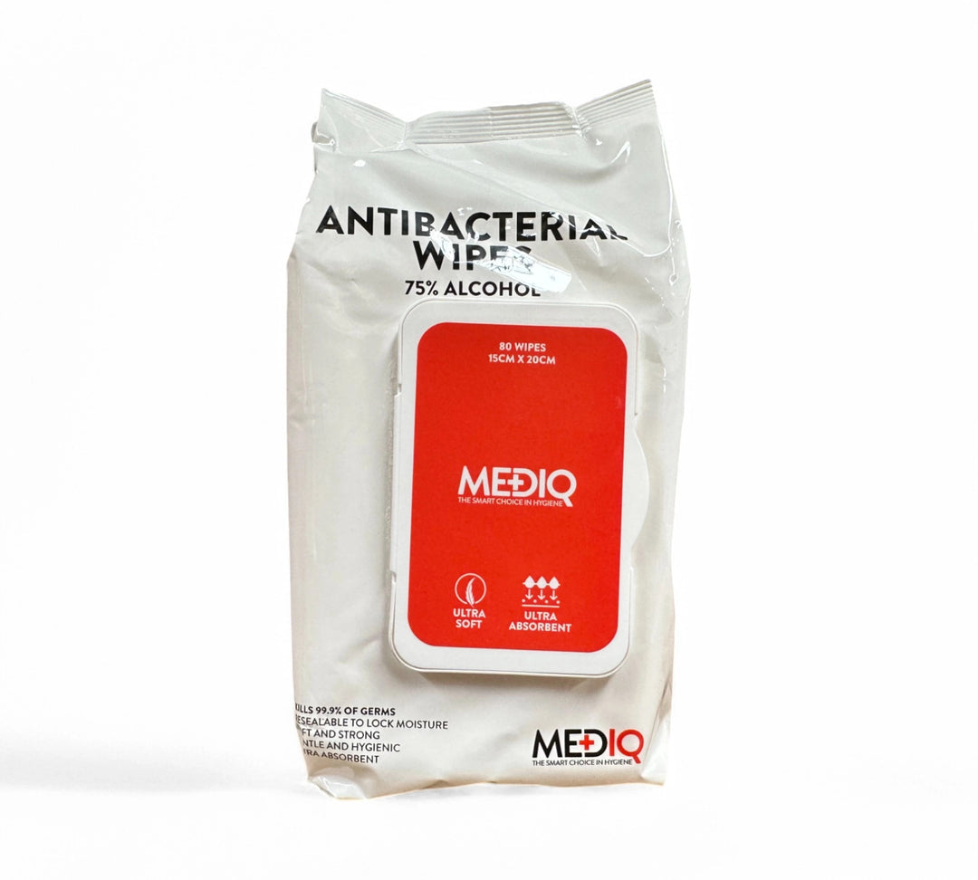 Anti bacterial 75 percent alcohol wipes 15 x 20cm displayed as compact canister for surface disinfection in clinics or retail