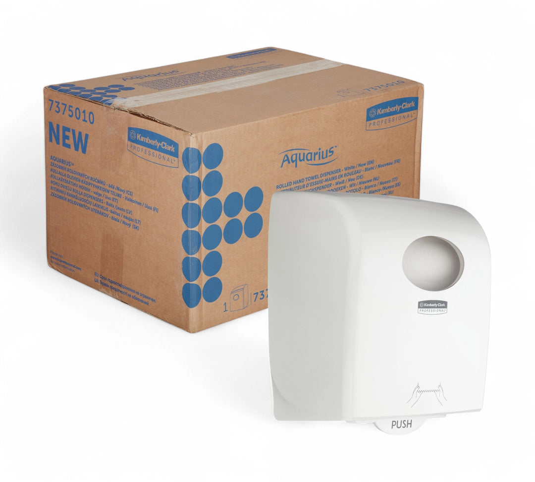 Front and side view of AQUARIUS Rolled Hand Towel Dispenser (7375) next to its branded Kimberly-Clark Professional packaging box, showing model and product info
