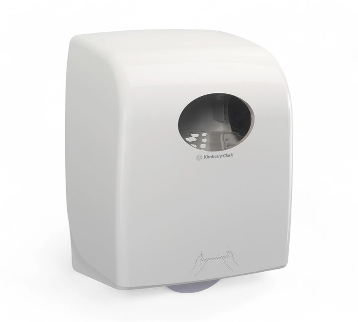 Front-facing view of a Kimberly-Clark Aquarius paper towel dispenser with a transparent window showing the roll inside and tear guide illustration printed on the front.
