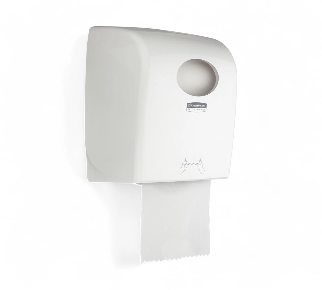 AQUARIUS rolled hand towel dispenser in sleek white housing shown for hygienic washroom towel dispensing