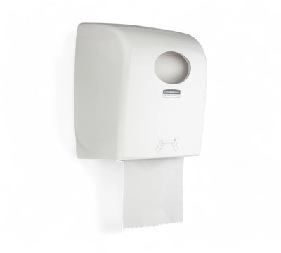 AQUARIUS rolled hand towel dispenser in sleek white housing shown for hygienic washroom towel dispensing