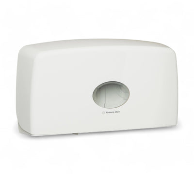 KIMBERLY-CLARK AQUARIUS twin jumbo roll dispenser shown in durable plastic housing for extended toilet paper capacity