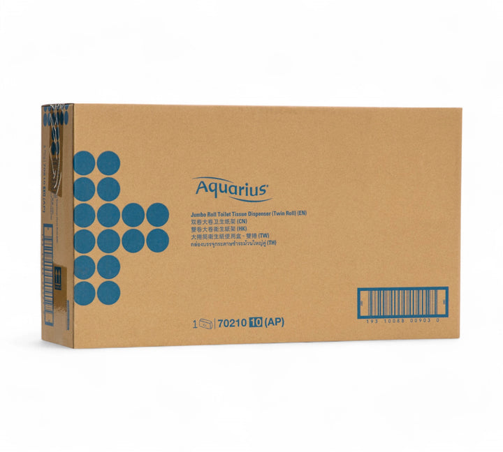 Cardboard packaging of the KIMBERLY-CLARK PROFESSIONAL AQUARIUS Twin Jumbo Roll Toilet Tissue Dispenser (70210), featuring multilingual product labeling and blue branding printed on the box.

