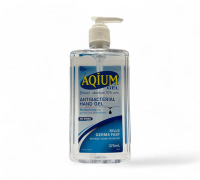 Aquim antibacterial waterless hand sanitiser gel 375ml shown in bottle with pump cap for hygiene in office, warehouse or hospital