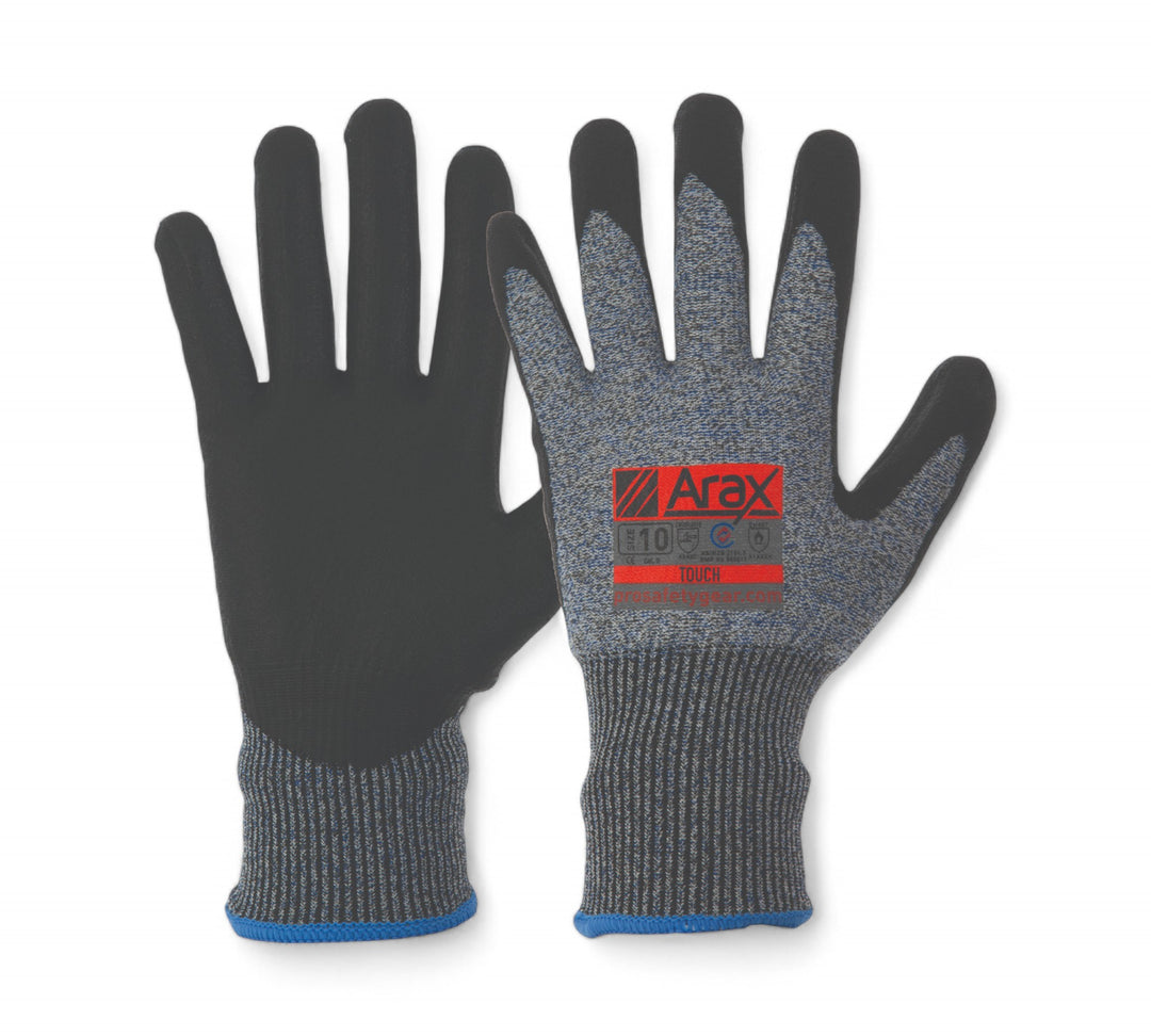 Arax Touch Cut 5 gloves shown as a pair with sandy nitrile palm for maximum cut resistance and tactile precision