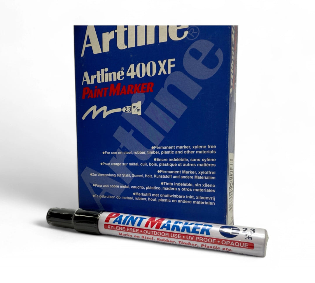 Artline 400XF black paint marker 2.3mm bullet point shown with sturdy body and thick nib for permanent industrial surface marking