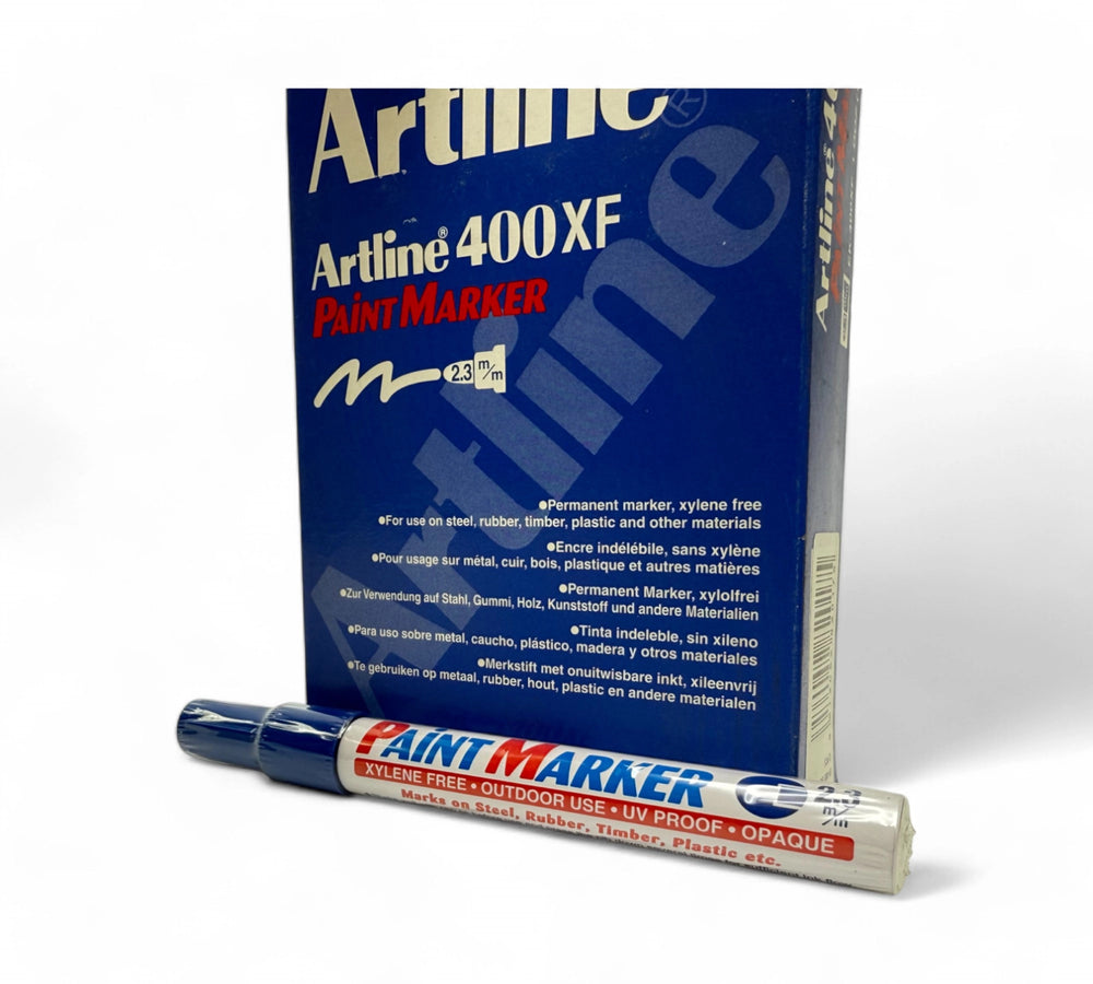 Artline 400XF blue paint marker 2.3mm bullet point displayed uncapped for high-opacity writing on metal, glass or rubber