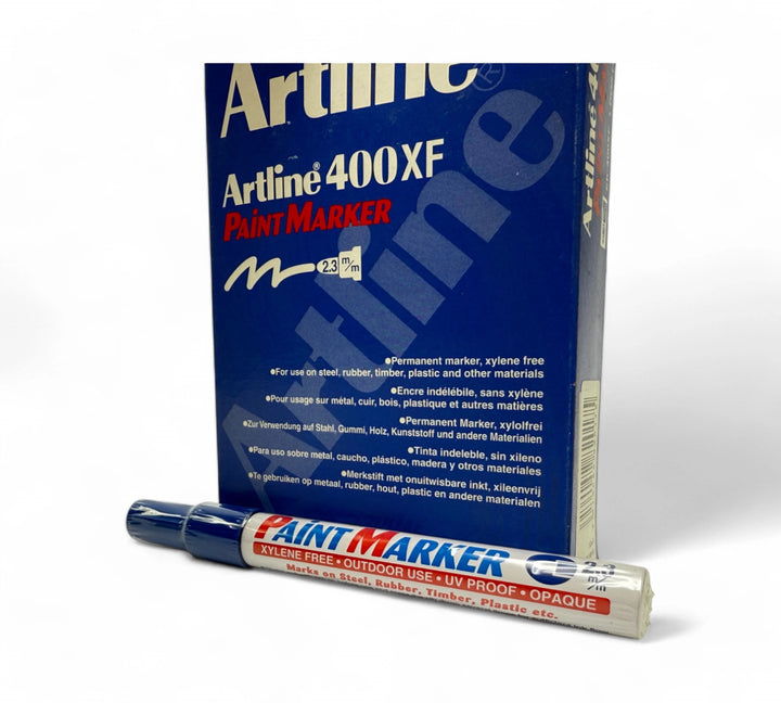 Artline 400XF blue paint marker 2.3mm bullet point displayed uncapped for high-opacity writing on metal, glass or rubber