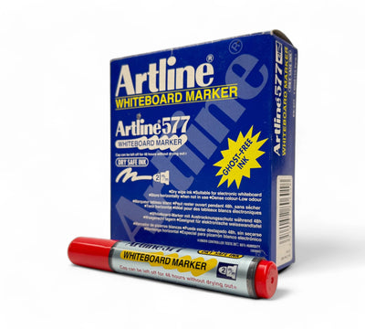 Artline 577 whiteboard marker red shown upright with vented cap for classroom or warehouse board use