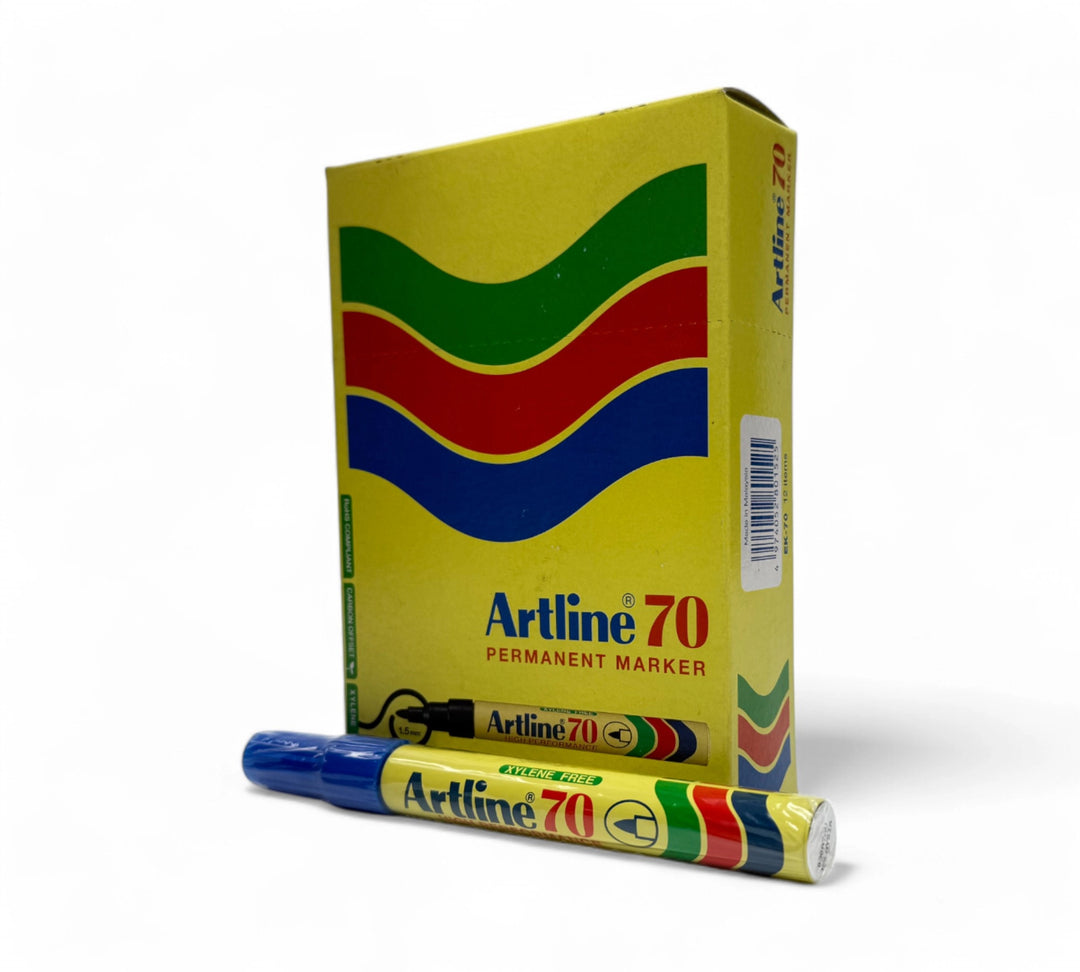Artline 70 blue marker 1.5mm fine point displayed uncapped with durable bullet nib for general use marking on cartons or plastic