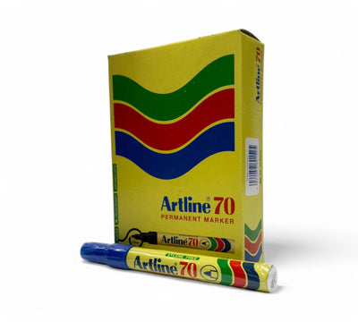 Artline 70 blue marker 1.5mm fine point displayed uncapped with durable bullet nib for general use marking on cartons or plastic