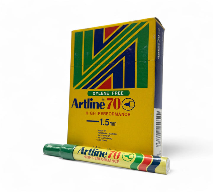 Artline 70 green marker 1.5mm fine point shown with full barrel and cap for color-coded labelling or warehouse notes