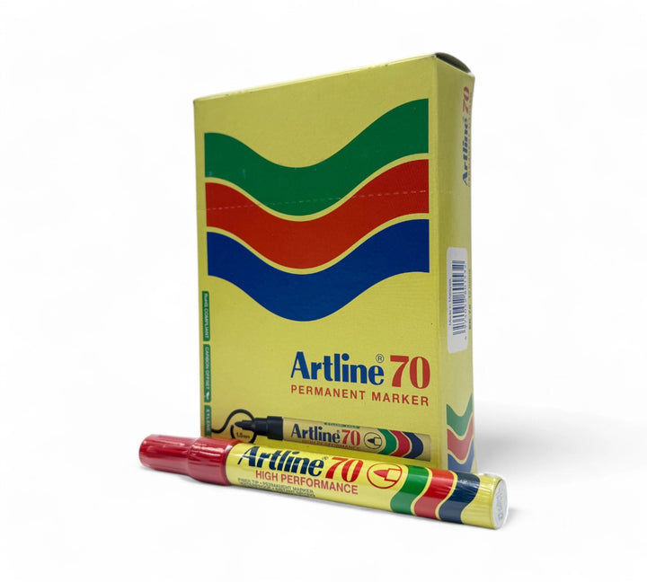 Artline 70 red marker 1.5mm fine point displayed for bold writing on cardboard, steel or plastic packaging