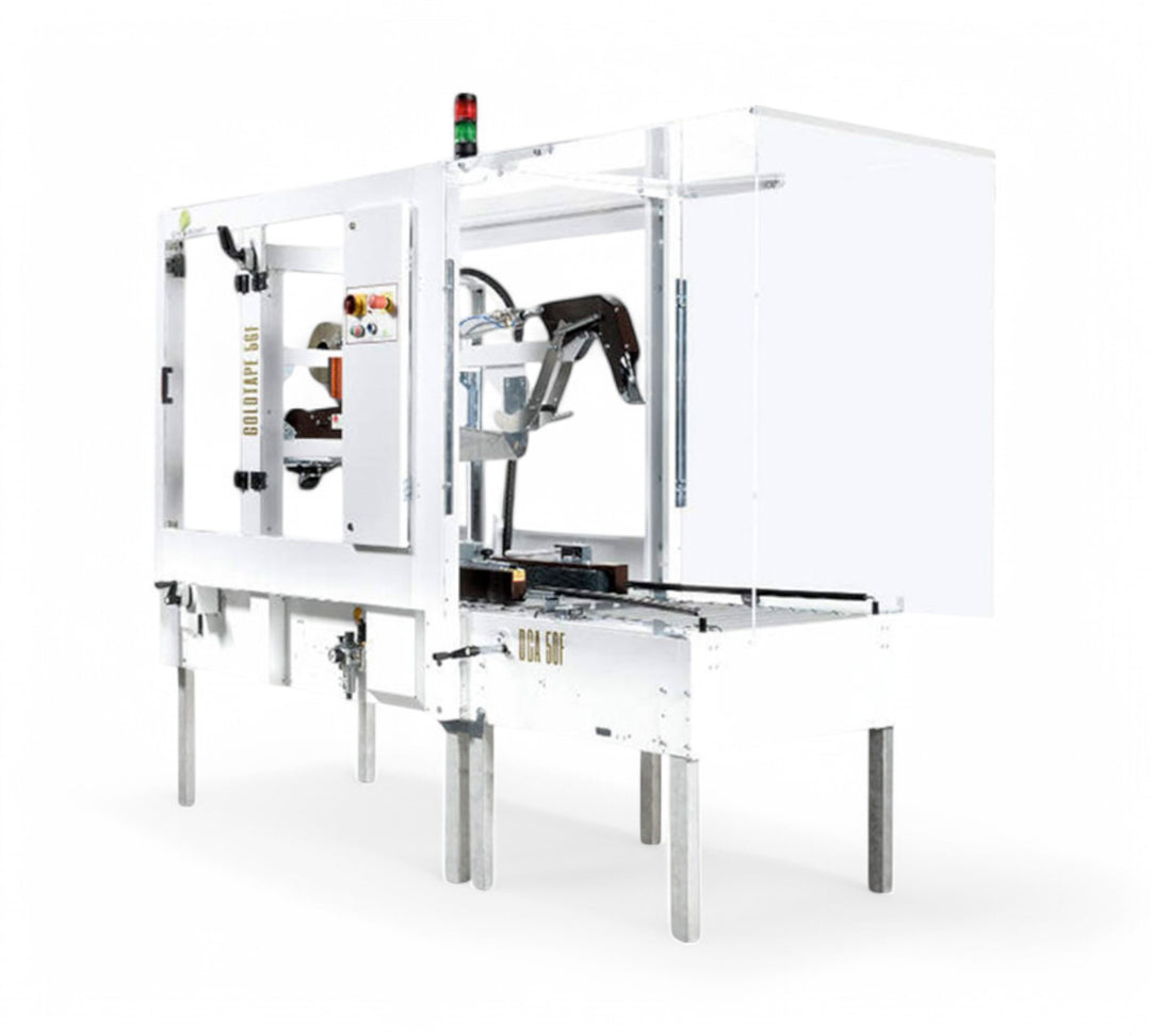 Goldtape 608FL automatic carton sealer with top flap folding and dual tape head for top and bottom box sealing in industrial packaging