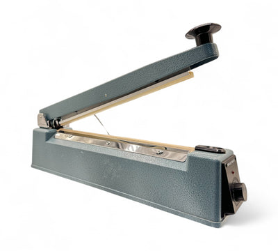 Benchtop heat sealer 300mm with cutter displayed closed or in action for polyethylene bag sealing with built-in trimming blade