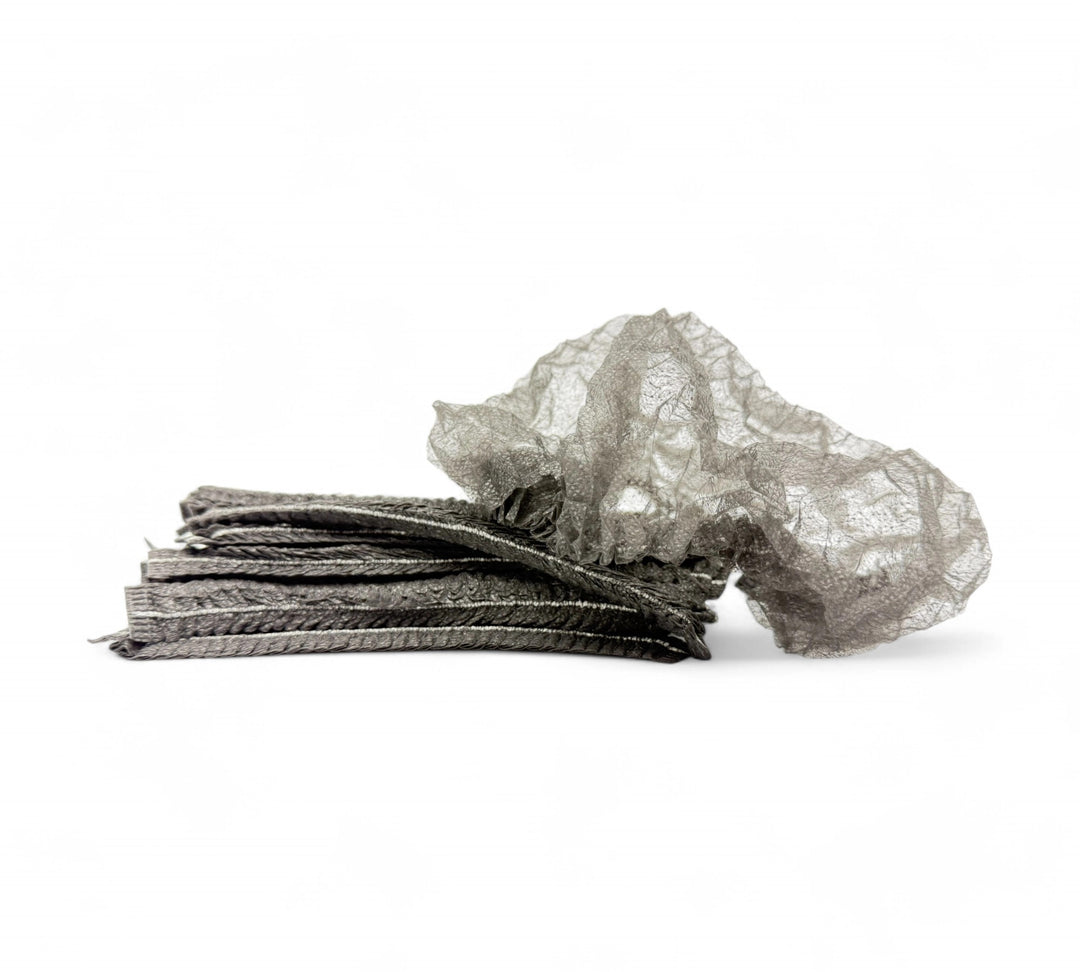 Black crinkled mop cap hair nets shown for colour-coded safety or retail staff presentation in bulk packs