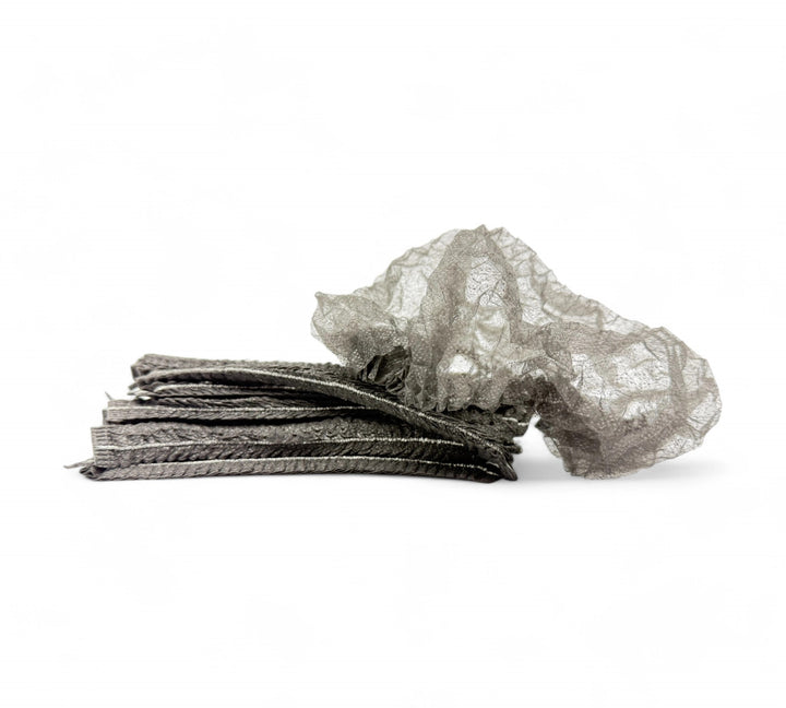 Black crinkled mop cap hair nets shown for colour-coded safety or retail staff presentation in bulk packs