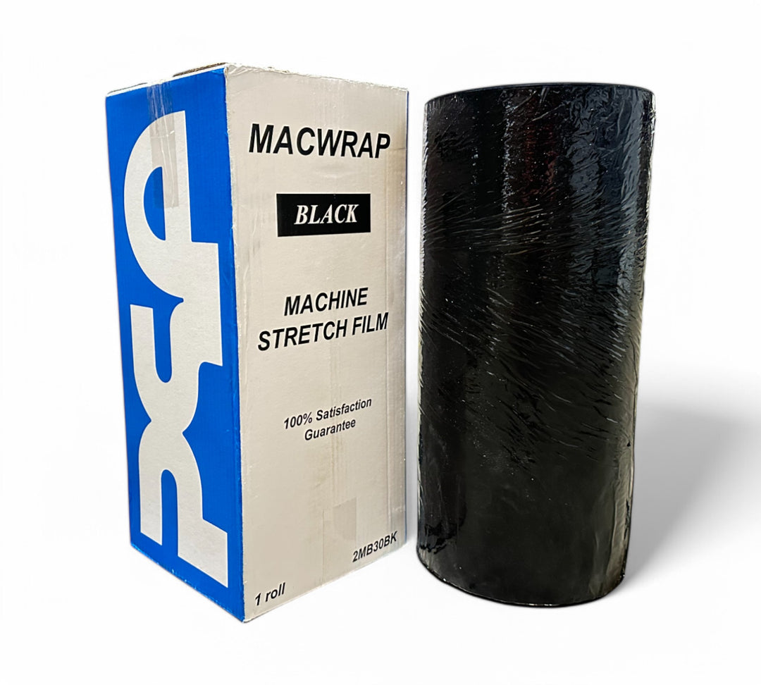 Macwrap M30 black machine stretch film 500mm x 1305m for UV protection and load concealment, 40 per pallet