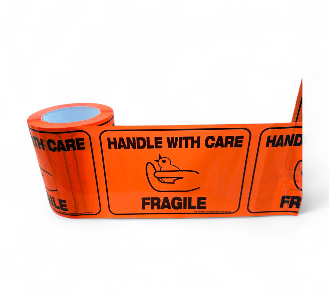Handle with Care - Fragile' Rip A Sticker 144mm x 200mm 1 Colour Black on Fluro Orange (12/ctn)