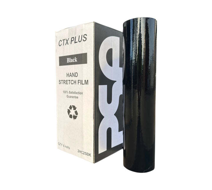 HC25 black cast hand stretch film with premium strength and UV protection, 4 rolls per pack for secure concealment