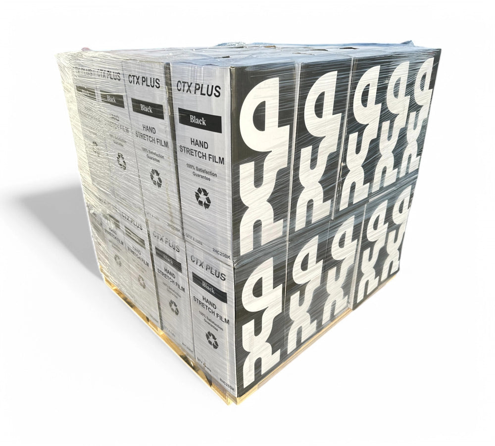 Black cast stretch film roll stacked on pallet for industrial pallet wrapping applications