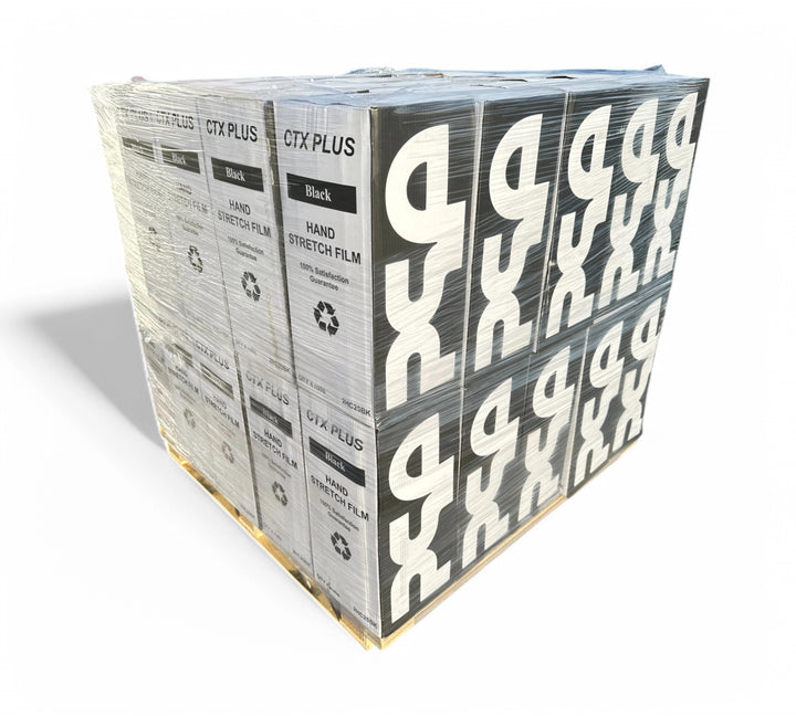 Black cast stretch film roll stacked on pallet for industrial pallet wrapping applications