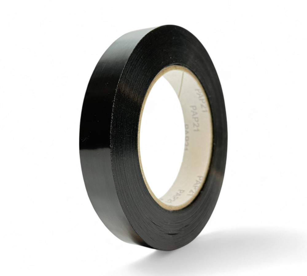 19mm x 66m PP500 black strapping tape shown in medium rolls for bundling, sealing, or heavy-duty tying
