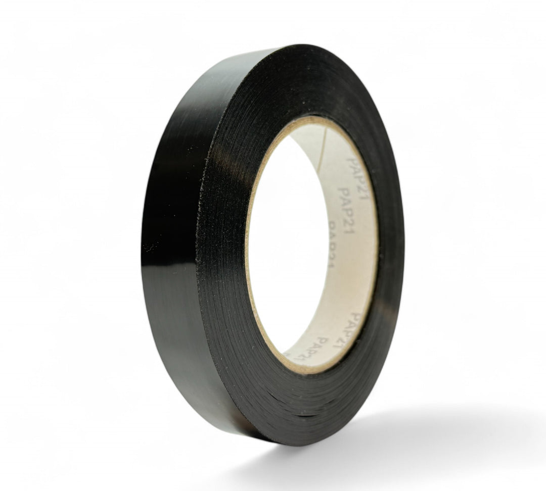 19mm x 66m PP500 black strapping tape shown in medium rolls for bundling, sealing, or heavy-duty tying